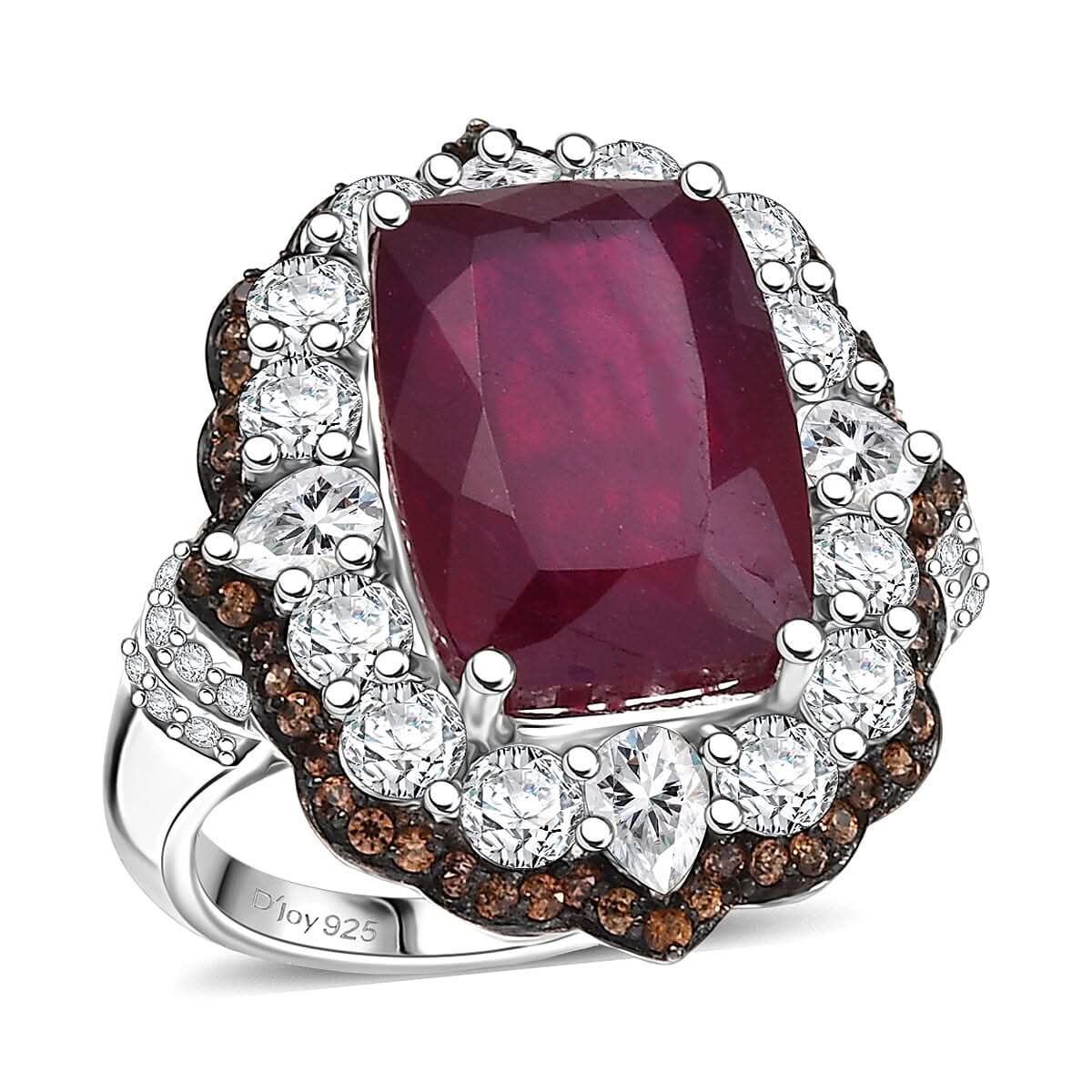 D'Joy Niassa Ruby (FF), White and Chocolate Zircon Ring in Rhodium Over Sterling Silver (Size 10.0) 15.20 ctw