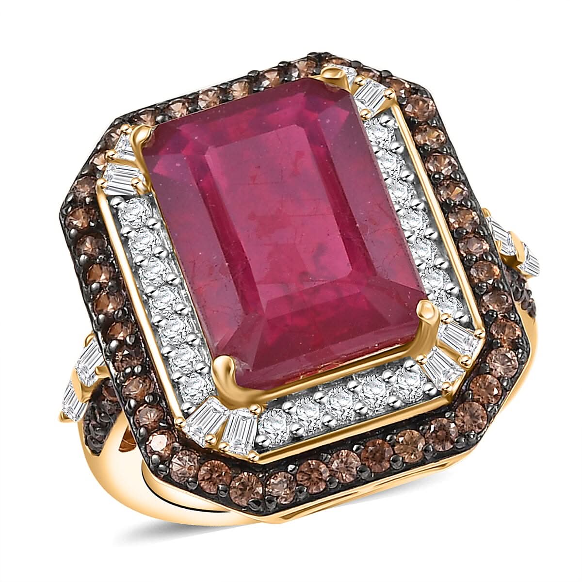 D'Joy Niassa Ruby (FF), White and Chocolate Zircon Ring in 18K Vermeil YG Over Sterling Silver (Size 10.0) 12.80 ctw