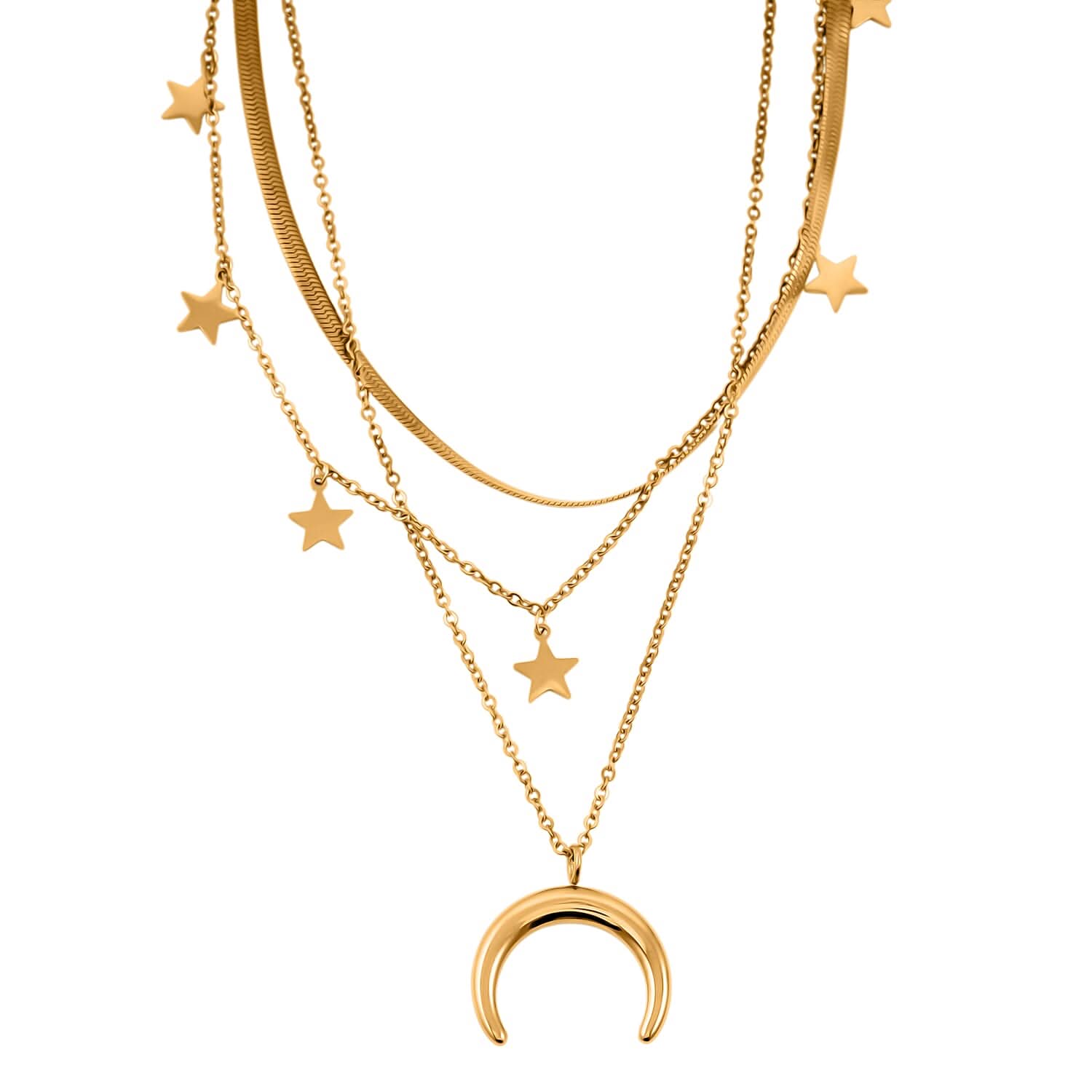 3 Layered Chain Star and Moon Charm Necklace with 2Inch Extender (16, 18 and 22 Inches) in ION Plated YG Stainless Steel