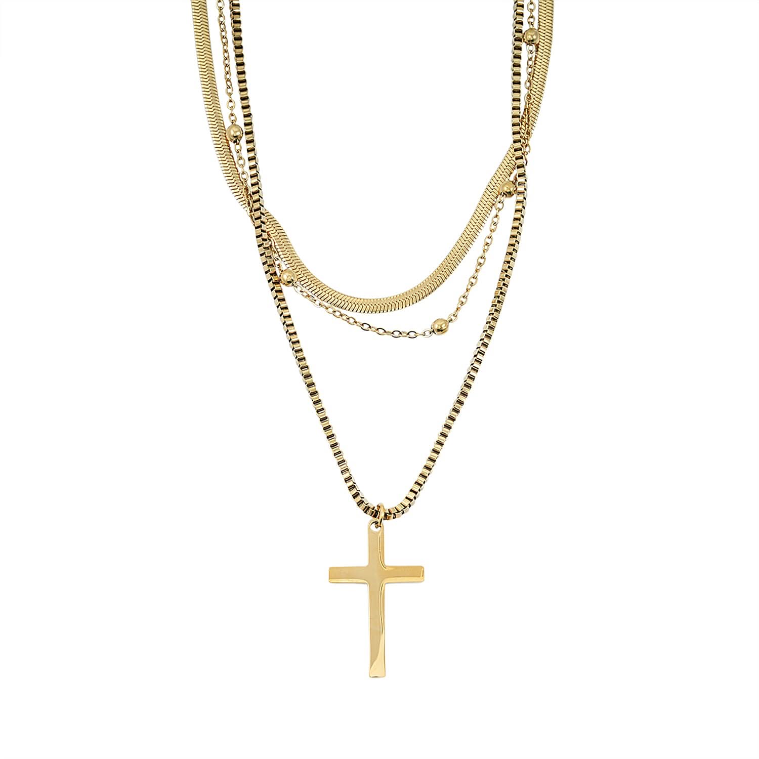 3 Layered Chain Cross Charm Necklace with 2Inch Extender (16, 18 and 22 Inches) in ION Plated YG Stainless Steel