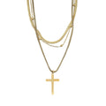 3 Layered Chain Cross Charm Necklace with 2Inch Extender (16, 18 and 22 Inches) in ION Plated YG Stainless Steel - Sticky add to cart bar