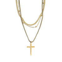3 Layered Chain Cross Charm Necklace with 2Inch Extender (16, 18 and 22 Inches) in ION Plated YG Stainless Steel