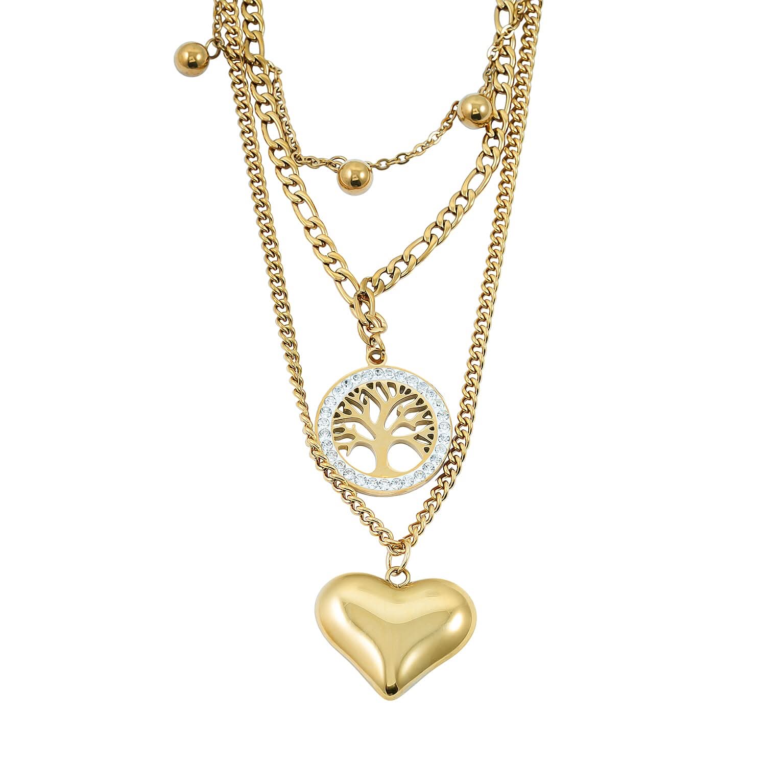Austrian Crystal 3 Layered Heart and Tree of Life Charm Necklace with 2 Inch Extender (16, 18 and 22 Inches) in ION Plated YG Stainless Steel
