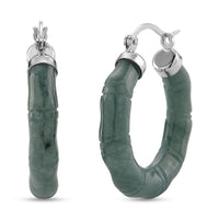 D'Joy Natural Olmec Jadeite 40.00 ctw Bamboo Hoop Earrings in Rhodium Over Sterling Silver