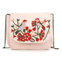La Marey Light Pink Genuine Leather Sling Bag with Floral Embroidered Flap