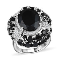 GP Thai Black Spinel and White Zircon 16.10 ctw Ring in Rhodium Over Sterling Silver (Size 10.0)