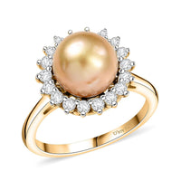 D'Joy South Sea Golden Pearl 9-11mm, Moissanite Sunburst Ring in 18K Vermeil YG Over Sterling Silver (Size 10.0) 0.55 ctw