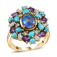 D'Joy Elysian Opal (Triplet) and Multi Gemstone 4.50 ctw Ring in 18K Vermeil Yellow Gold Over Sterling Silver (Size 10.0)