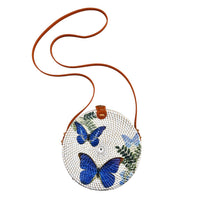 Tamsy Handmade White Round Shape Rattan Crossbody Bag with Blue Butterfly Printed Motif (7.87"x 7.87"x2.75")