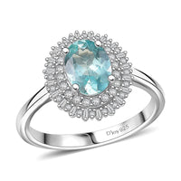 D’Joy Lagoon Apatite, Diamond (0.36 cts) Ring in Rhodium Over Sterling Silver (Size 10.0) 1.55 ctw