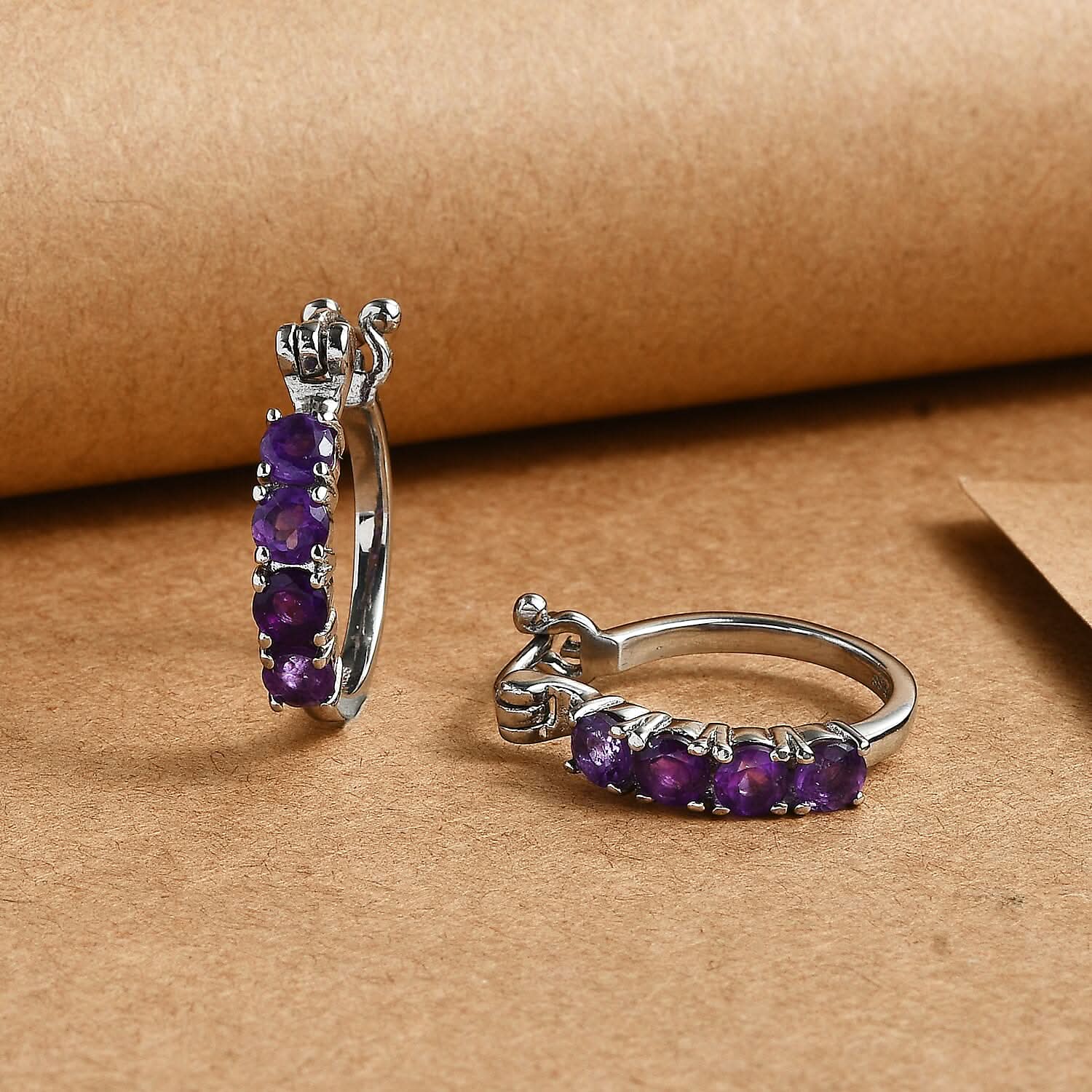 EverTrue African Amethyst Hoop Earrings in Stainless Steel 2.00 ctw