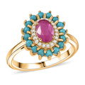 D'Joy Premium Montepuez Ruby and Multi Gemstone 1.80 ctw Royal Bloom Ring in 18K Vermeil Yellow Gold Over Sterling Silver - Sticky add to cart bar