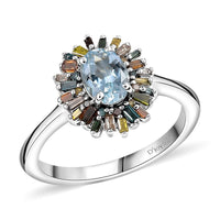 D’Joy Santa Maria Aquamarine, Multi Diamond (Natural & IR) Ring in Rhodium Over Sterling Silver (Size 10.0) 1.00 ctw