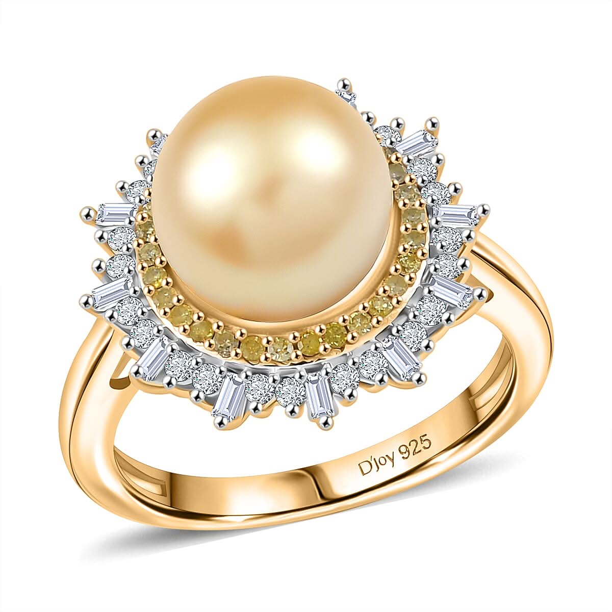 D’Joy Golden South Sea Pearl, Natural Yellow and White Diamond Ring in 18K Vermeil YG Over Sterling Silver (Size 10.0) 9.20 ctw