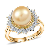 D’Joy Golden South Sea Pearl, Natural Yellow and White Diamond Ring in 18K Vermeil YG Over Sterling Silver (Size 10.0) 9.20 ctw