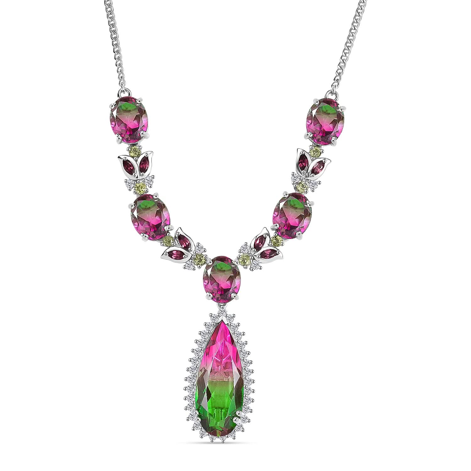 D’Joy Watermelon Quartz (Triplet) and Multi Gemstone 27.60 ctw Necklace in Rhodium Over Sterling Silver 18 Inches