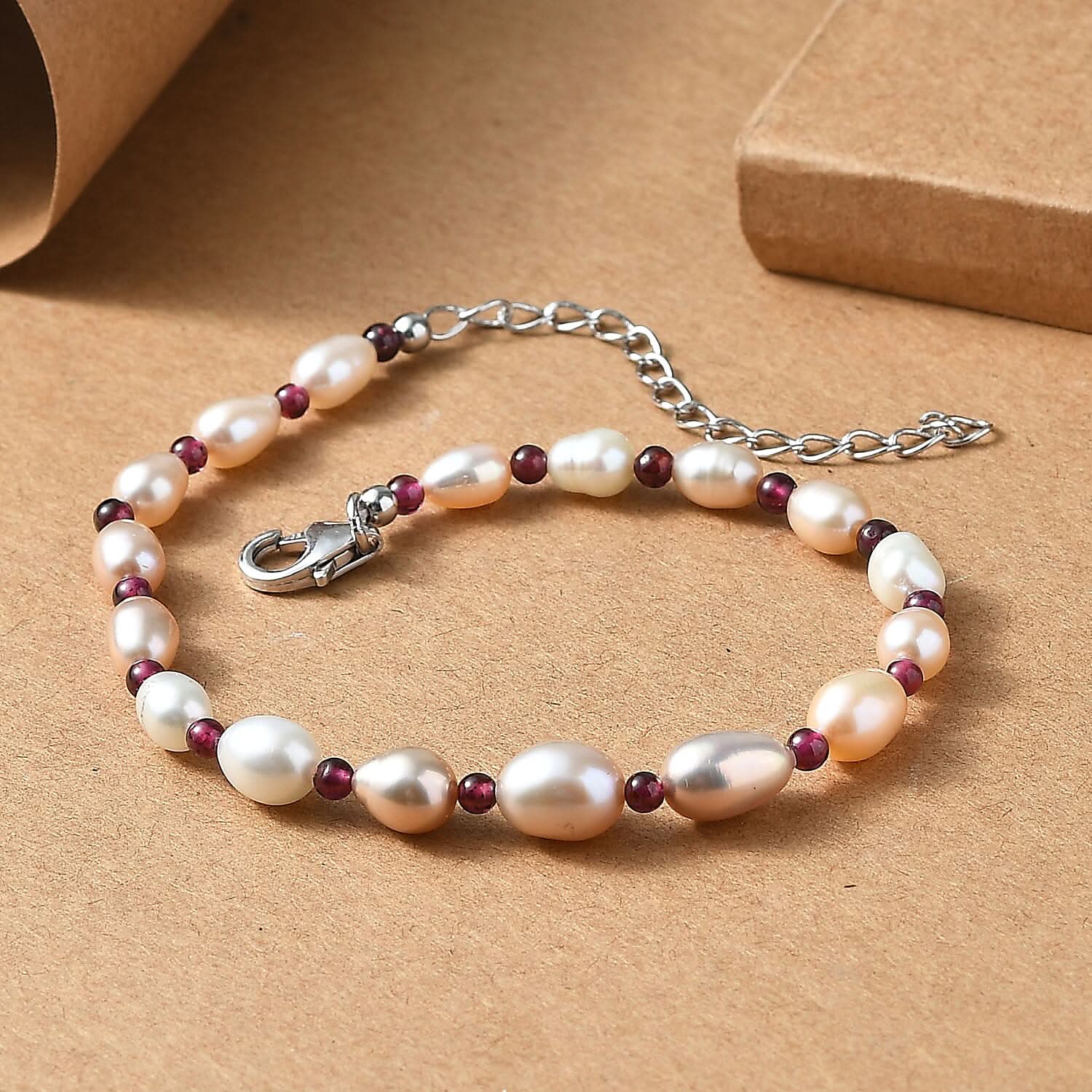 Multi Color Freshwater Pearl and Mozambique Garnet 5.00 ctw Bracelet in Rhodium Over Sterling Silver (7.25-9.25In)
