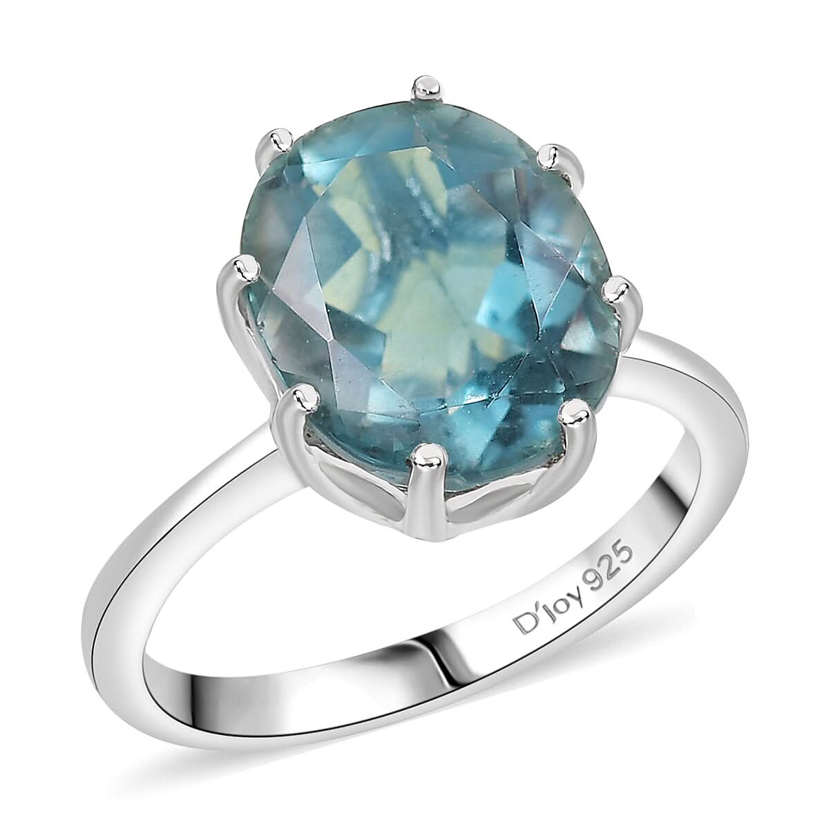 D'Joy Dean Teal Fluorite (IR) Art-Deco Ring in Platinum Over Sterling Silver (Size 10.0) 5.70 ctw