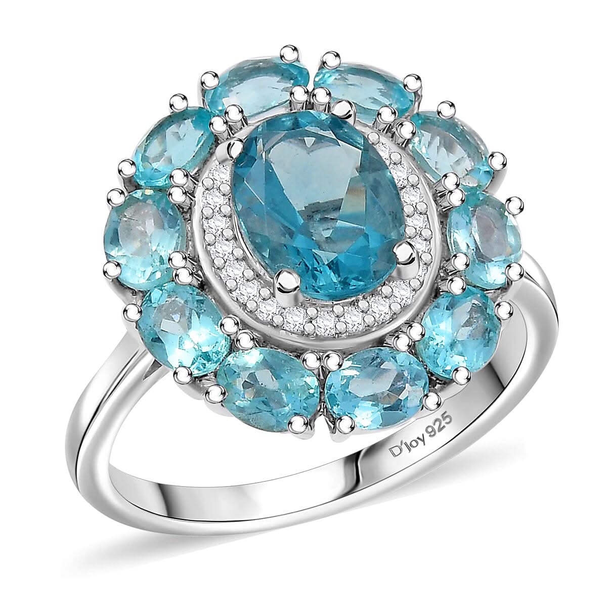D'Joy Dean Teal Fluorite (IR), Multi Gemstone Blue Anemone Flower Ring in Platinum Over Sterling Silver (Size 10.0) 3.60 ctw