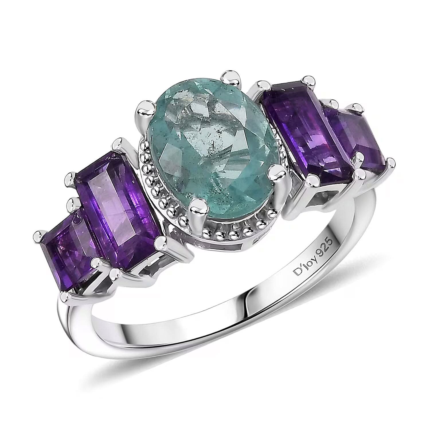 D'Joy Dean Teal Fluorite (IR), African Amethyst Art Deco Ring in Platinum Over Sterling Silver (Size 10.0) 3.75 ctw