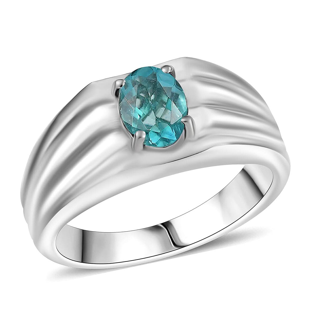 D'Joy Dean Teal Fluorite (IR) Flowing Water Men's Ring in Platinum Over Sterling Silver (Size 10.0) 1.50 ctw