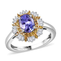 D'Joy Tanzanite, White and Yellow Diamond  (0.40 cts) Ring in Rhodium Over Sterling Silver (Size 7.0) 1.55 ctw