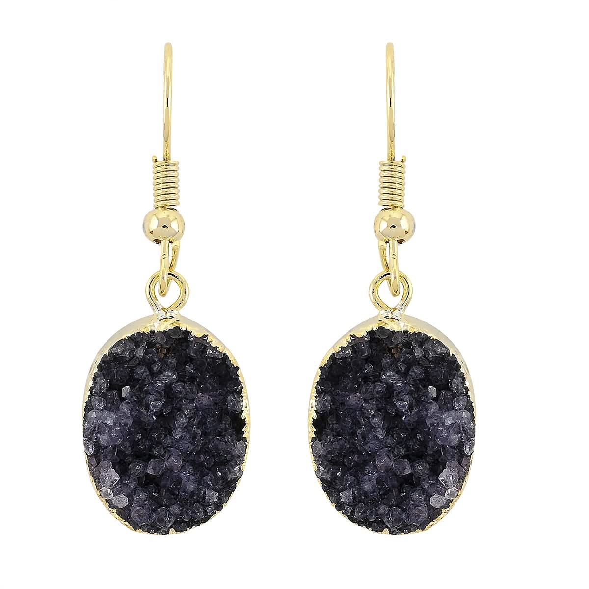 Purple Amethyst Druzy Oval Earrings in Goldtone 16.00 ctw