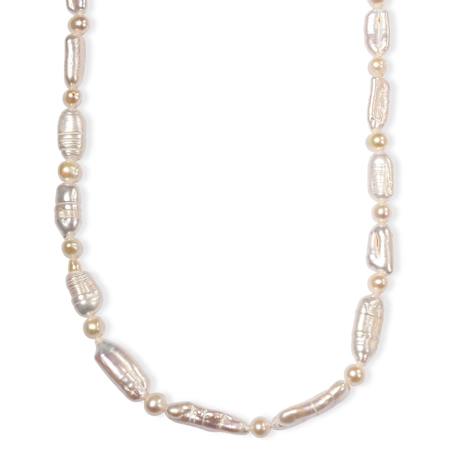 White Biwa Pearl and Freshwater Pearl Necklace in Rhodium Over Sterling Silver 18 Inches