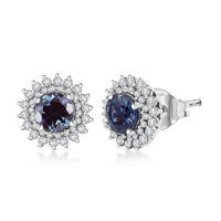 Luxuriant Lab Grown Alexandrite and White Zircon 2.20 ctw Daybreak Halo Earrings in Rhodium Over Sterling Silver