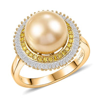 D'Joy South Sea Golden Cultured Pearl 9-11mm, Yellow Diamond (IR), Diamond Ring in 18K Vermeil YG Over Sterling Silver (Size 10.0) 0.50 ctw