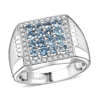 D’Joy AAA Santa Maria Aquamarine, Moissanite 1.40 ctw Men's Ring in Rhodium Over Sterling Silver (Size 10.0)