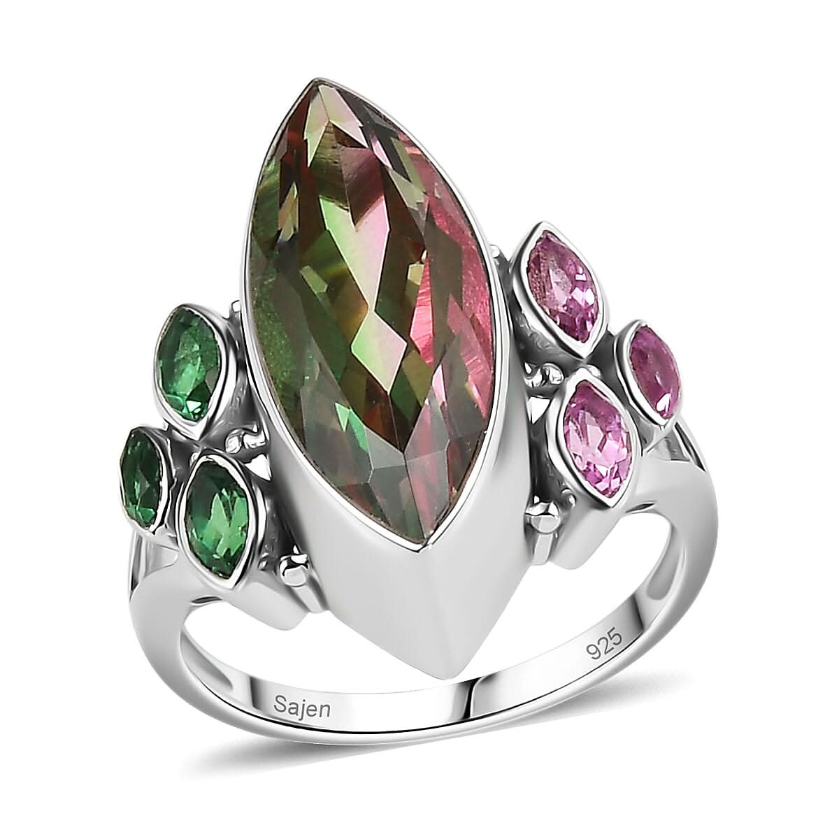 Sajen Silver Celestial Bi-Color Watermelon Doublet Quartz and Multi Gemstone 9.30 ctw Ring in Rhodium Over Sterling Silver