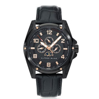 Closeout Alfred Sung ION Plated Black Japanese Movement 46mm Watch with Black Genuine Leather Strap