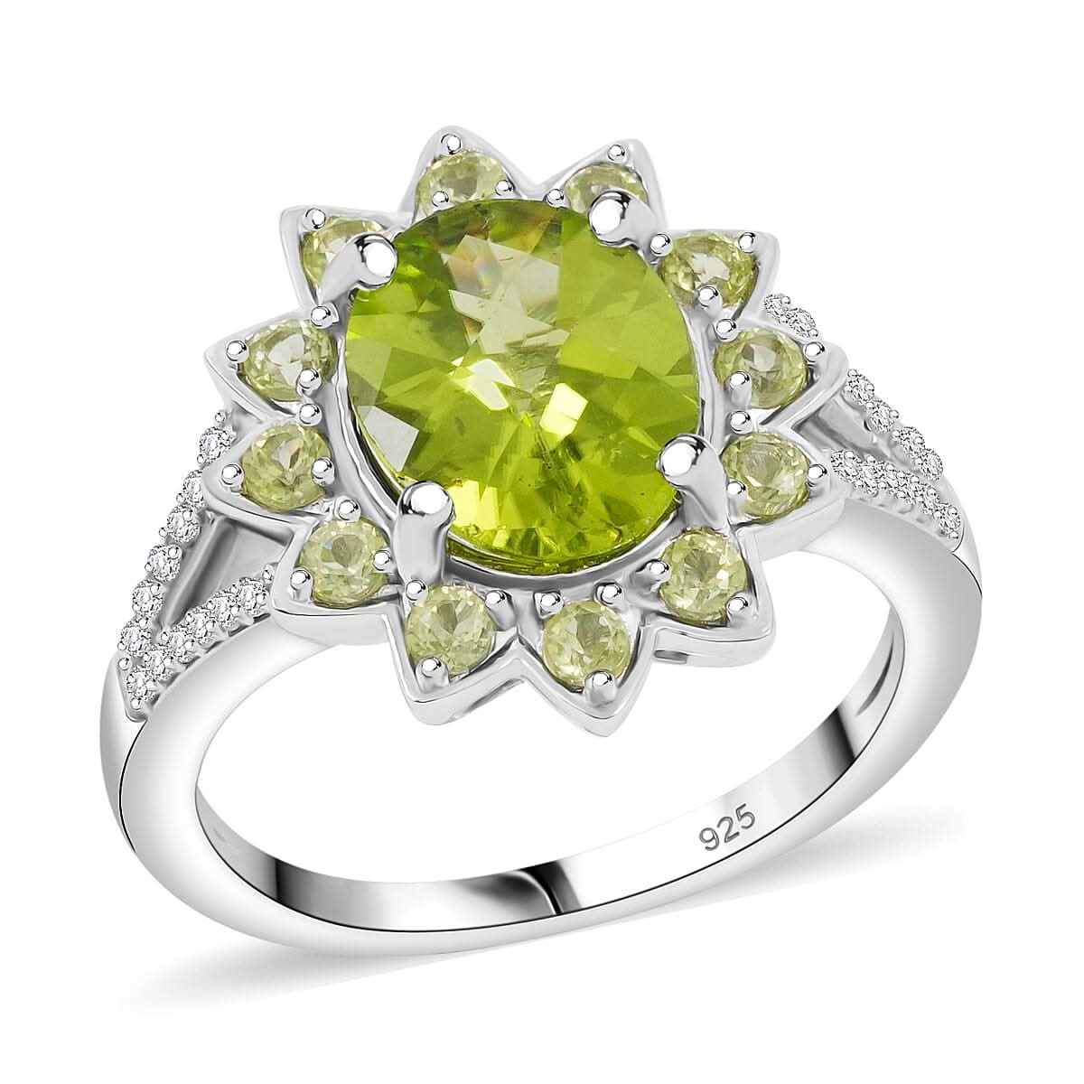 Hebei Peridot 3.60 ctw Ring in Rhodium Over Sterling Silver
