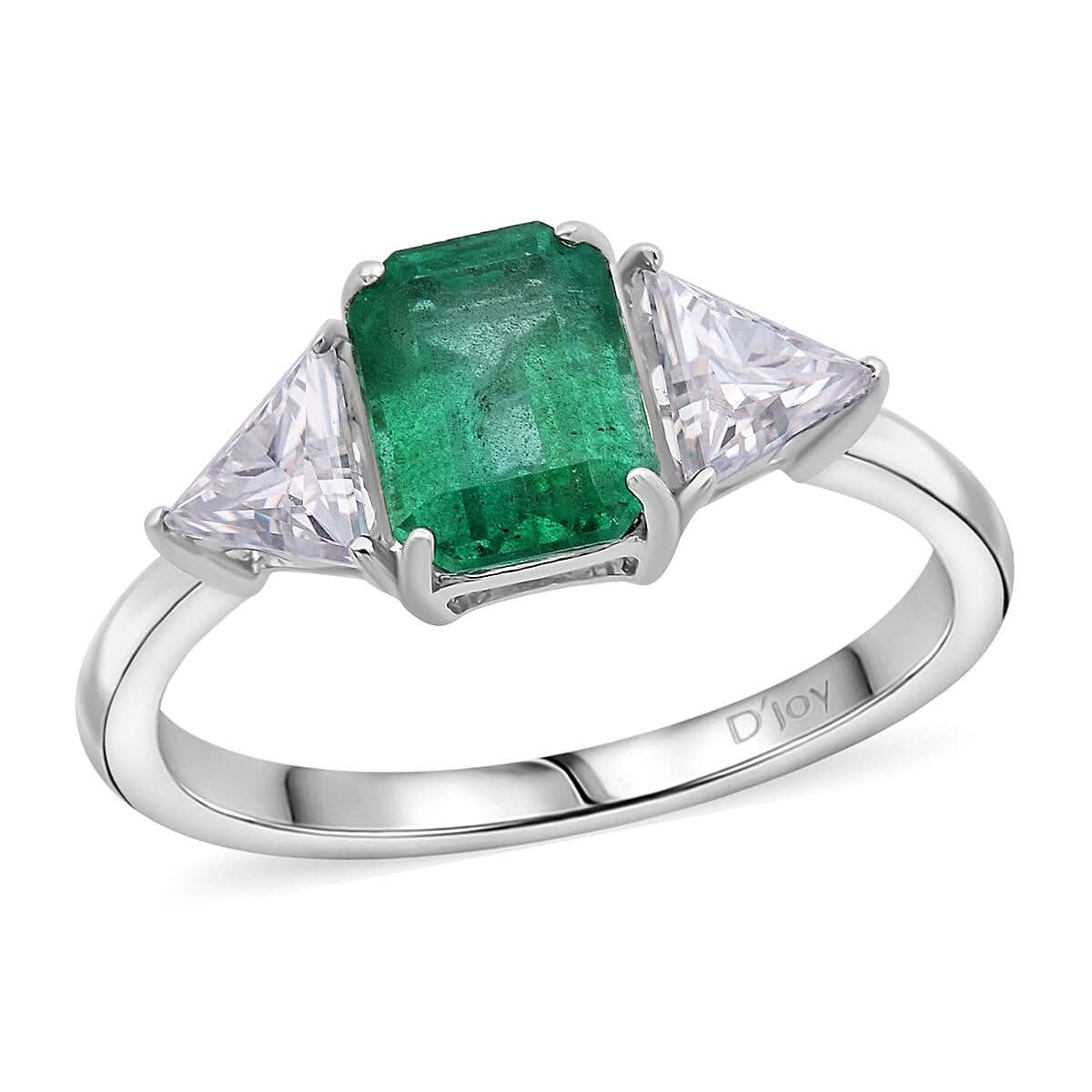 D'Joy Premium Kagem Zambian Emerald,  Moissanite Ring in Rhodium Over Sterling Silver (Size 10.0) 2.50 ctw