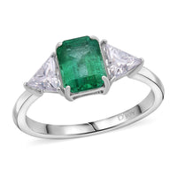 D'Joy Premium Kagem Zambian Emerald,  Moissanite Ring in Rhodium Over Sterling Silver (Size 10.0) 2.50 ctw