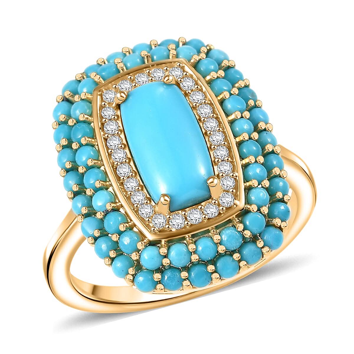 D'Joy Premium Sleeping Beauty Turquoise, White Zircon Ring in 18K Vermeil YG Over Sterling Silver (Size 10.0) 3.40 ctw