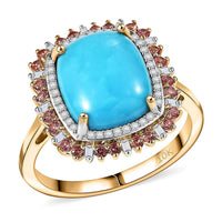 Luxoro 10K Yellow Gold Premium Sleeping Beauty Turquoise, Padparadscha Sapphire and Diamond (I2) (0.25 cts) Ring (Size 10.0) 5.20 ctw