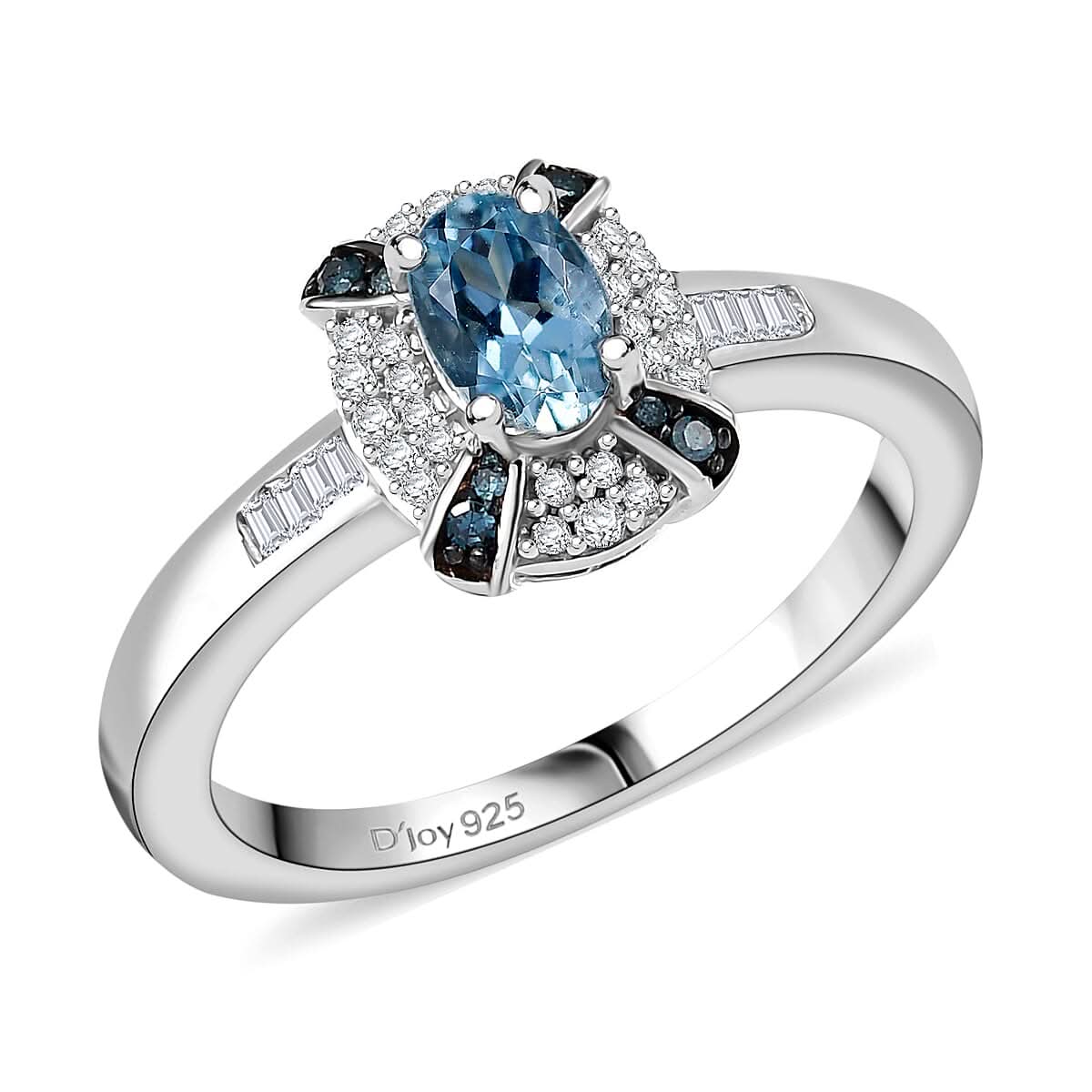 D'Joy Santa Maria Aquamarine, Blue and White Diamond 0.75 ctw Ring in Rhodium Over Sterling Silver (Size 10.0)