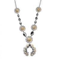 D'Joy Artisan Crafted Premium Sleeping Beauty Turquoise 5.20 ctw Squash Blossoms Necklace in 18K YG and Rhodium Over Sterling Silver 18 Inches