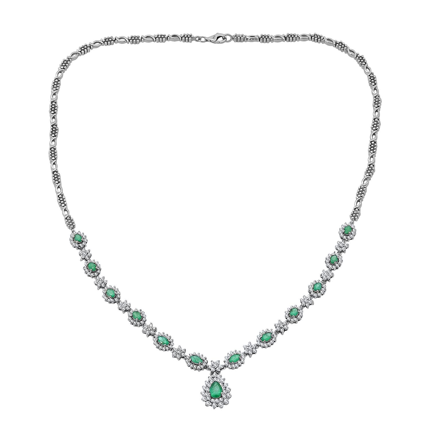 Premium Kagem Zambian Emerald and Moissanite 5.00 ctw Necklace in Rhodium Over Sterling Silver 18 Inches