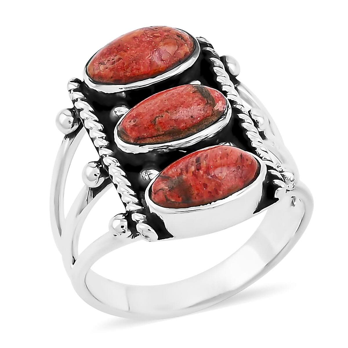 Santa Fe Style Enhanced Red Coral Ring in Sterling Silver (Size 10.0) 8.50 ctw