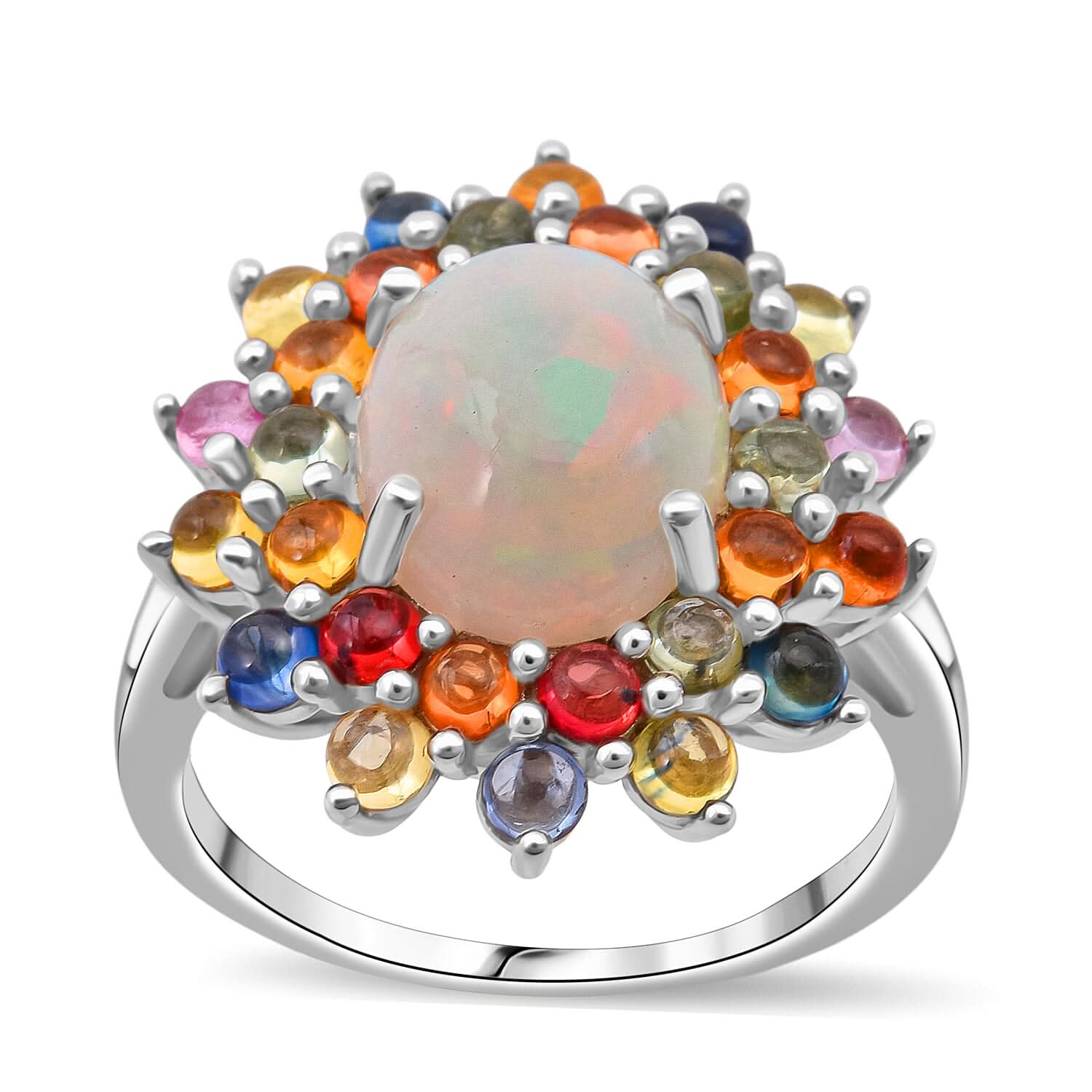 D'Joy Premium Ethiopian Welo Opal, Multi Sapphire Celestial Carnival Ring in Rhodium Over Sterling Silver (Size 10.0) 5.10 ctw