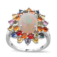 D'Joy Premium Ethiopian Welo Opal, Multi Sapphire Celestial Carnival Ring in Rhodium Over Sterling Silver (Size 10.0) 5.10 ctw