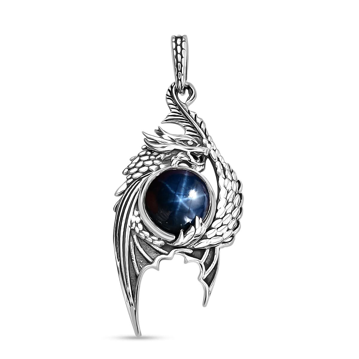 D'Joy Artisan Crafted Blue Star Sapphire (DF) 3.90 ctw Dragon Pendant without Chain in Sterling Silver