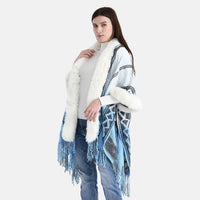 Tamsy Black Kite Shape Embroidered Poncho with Faux Fur Trime and Fringe
