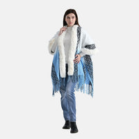 Tamsy Black Rhombus Shape Embroidered Poncho with Faux Fur Trime and Fringe - One Size Fits Most