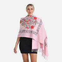 TAMSY Light Pink Floral Soft Woven Embroidered Scarf with Tassels – One Size