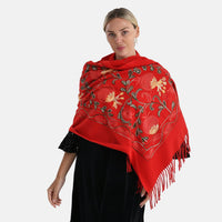 Tamsy Red Polyester Soft Embroidered Flower Tassels Scarf (27.5"x70.8")