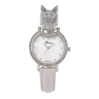 Genoa Austrian Crystal, Black Enameled Miyota Japanese Movement Leopard Head Watch with White Leather Strap